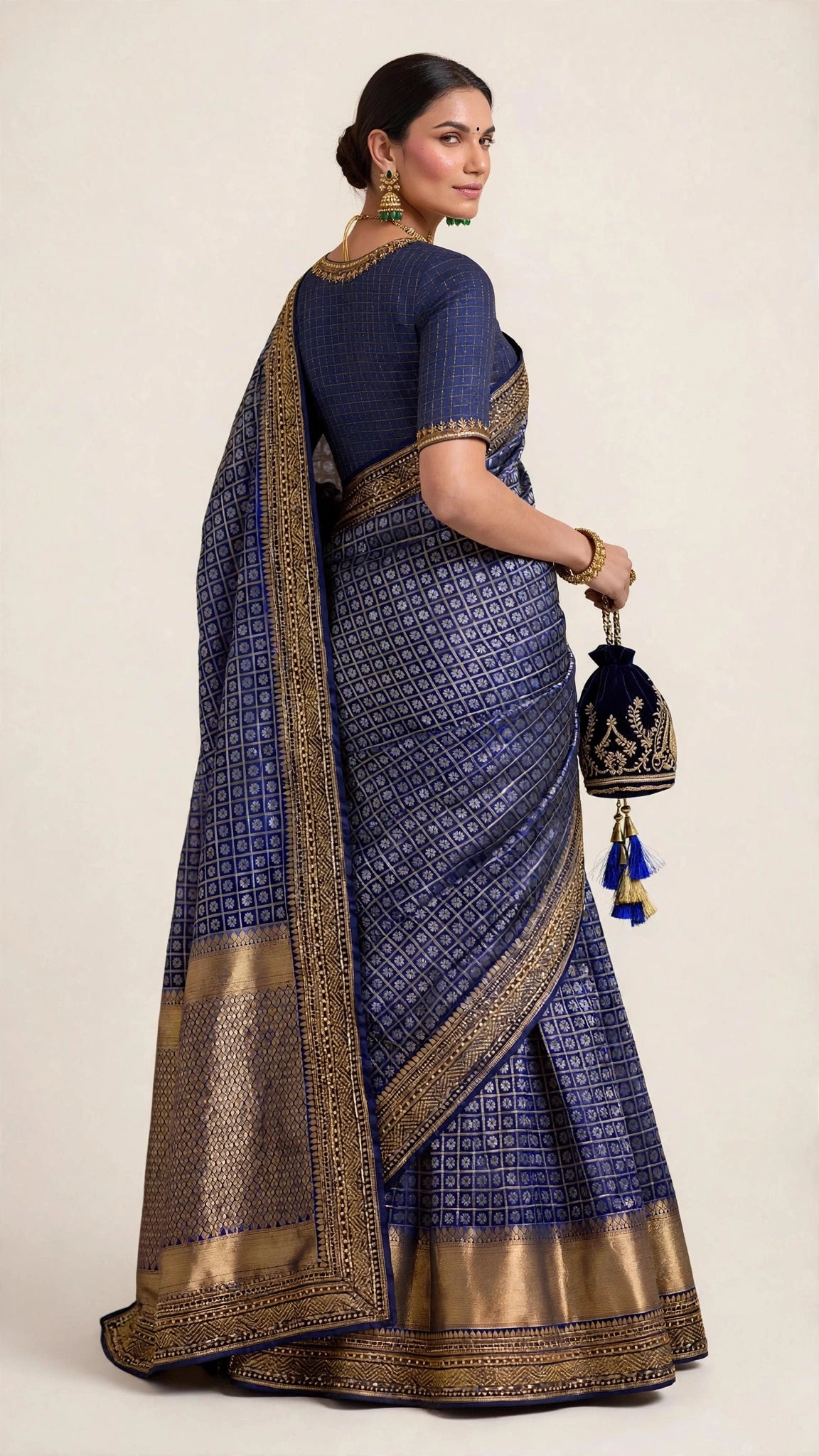 Navy Blue Karnataka Handloom Silk Saree with Thread Jaali & Zari Bead Embroidery