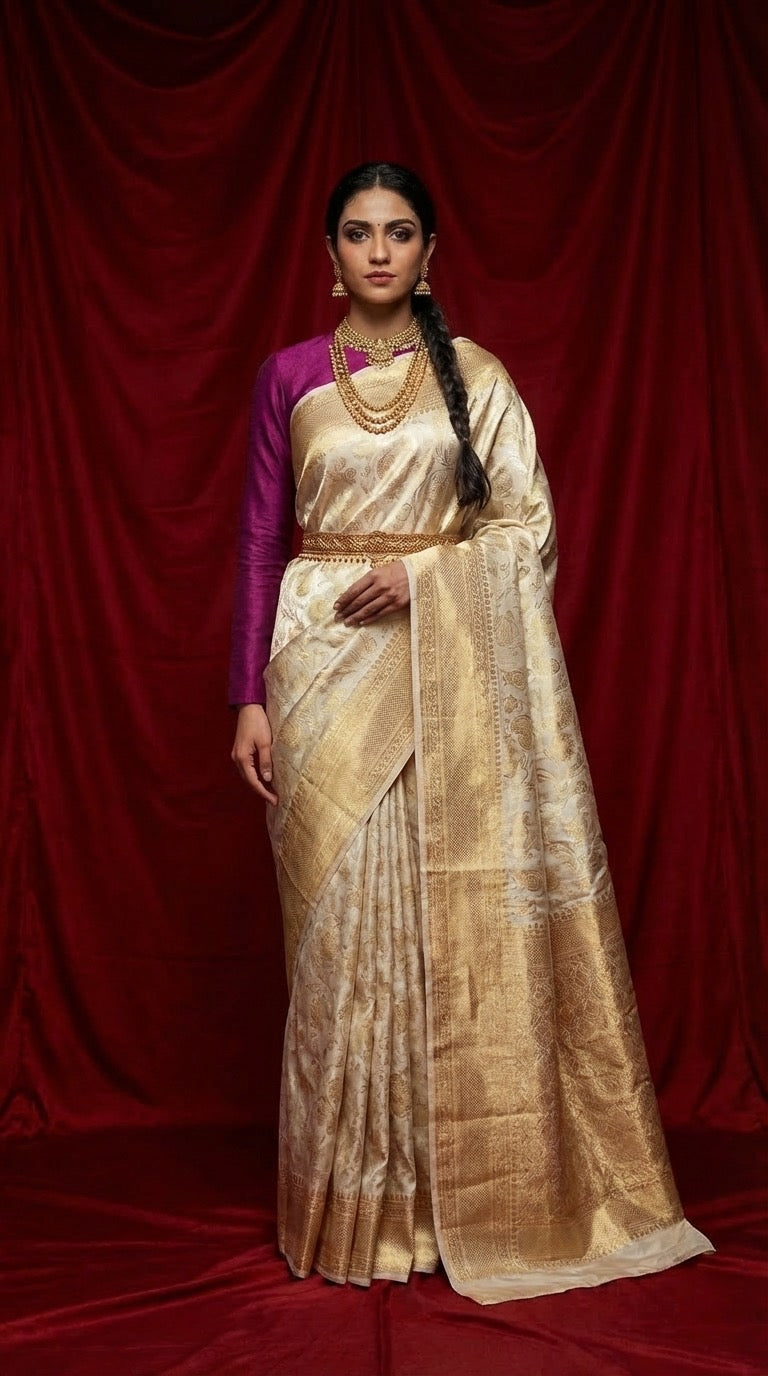 Ivory Gold Zari Handwoven Silk Saree