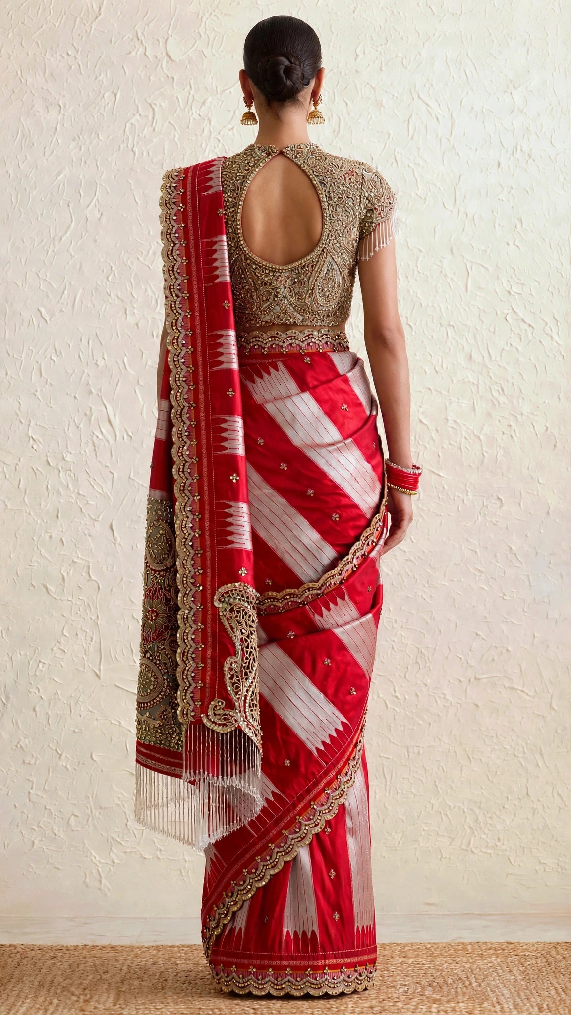 All-Silk Tope Teni Ilkal Saree with Jaali Paisleys & Crystal Fringe