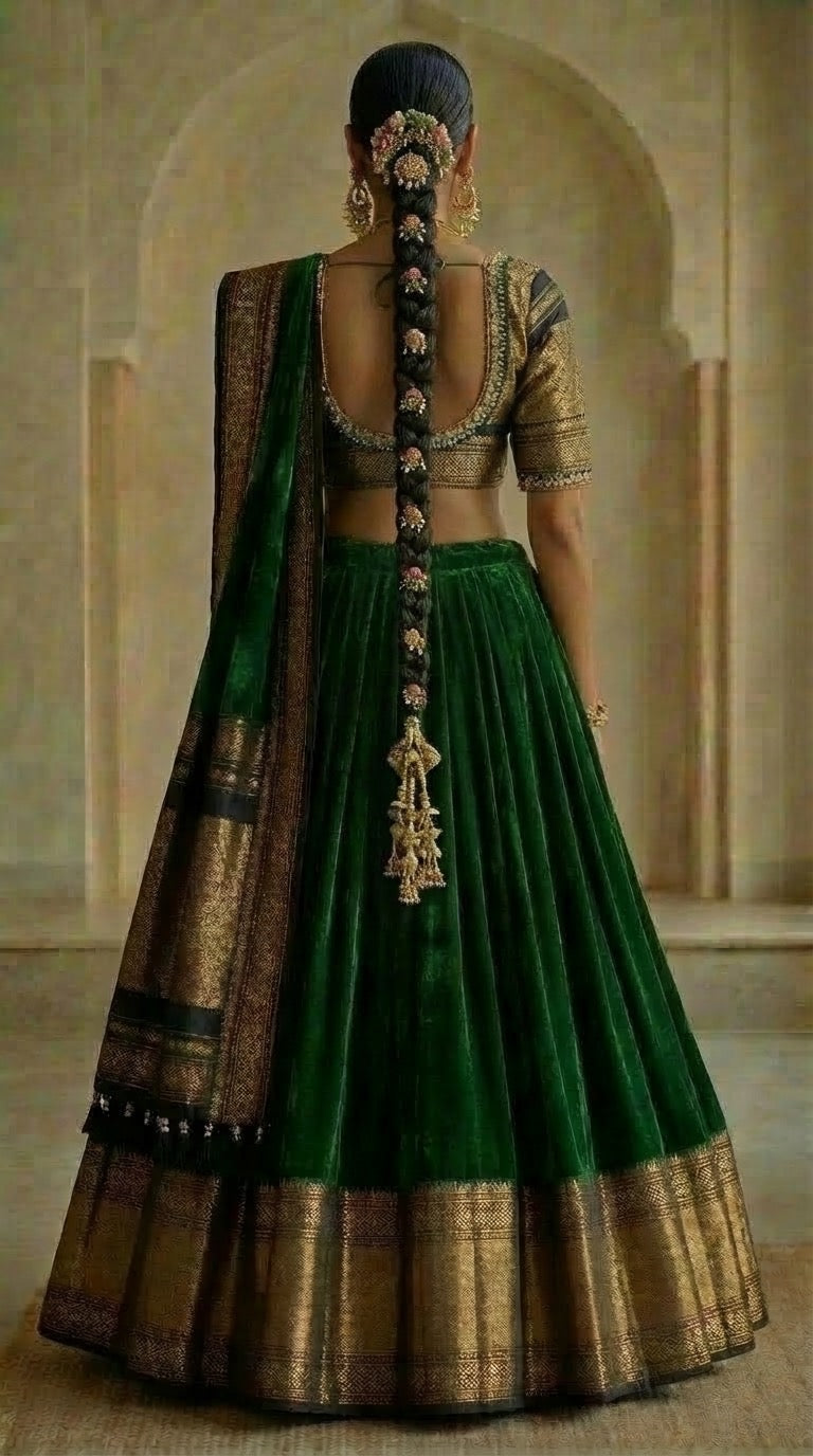 Emerald Green Velvet Lehenga with Gold Zari Border