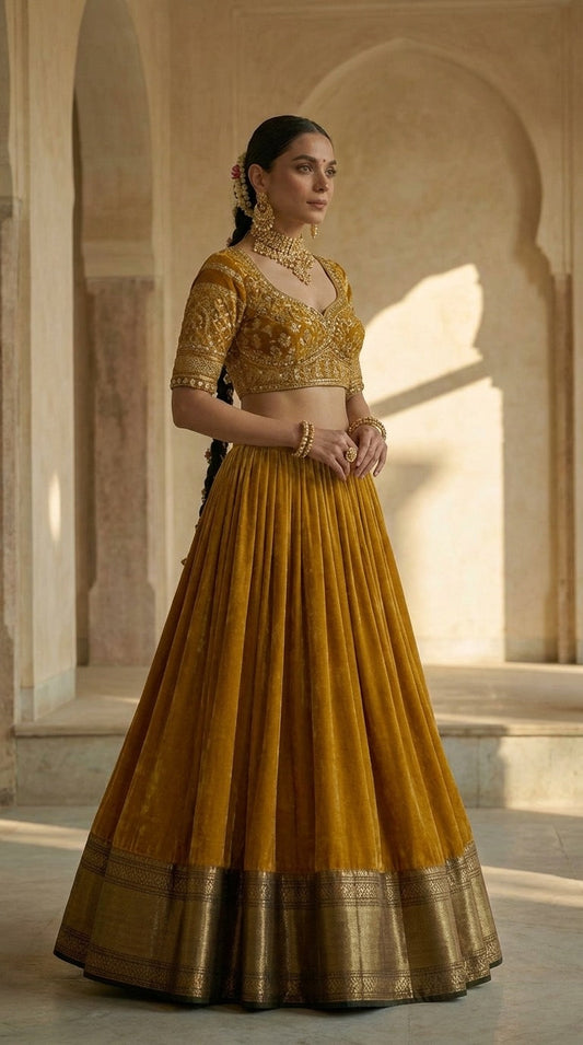 Mustard Gold Silk Lehenga with Gold Zari Border