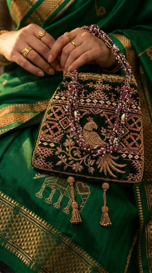 Zardozi Hand Embroidered Velvet Clutch — Peacock Motif with Pearl Handle