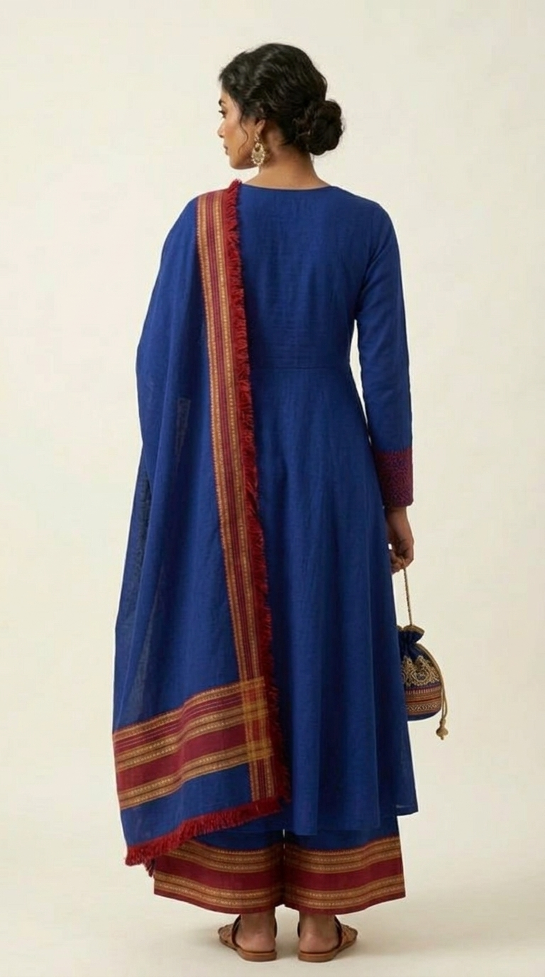 Handloom Ilkal Anarkali Set — Royal Blue with Hand Embroidery & Ilkal Borders