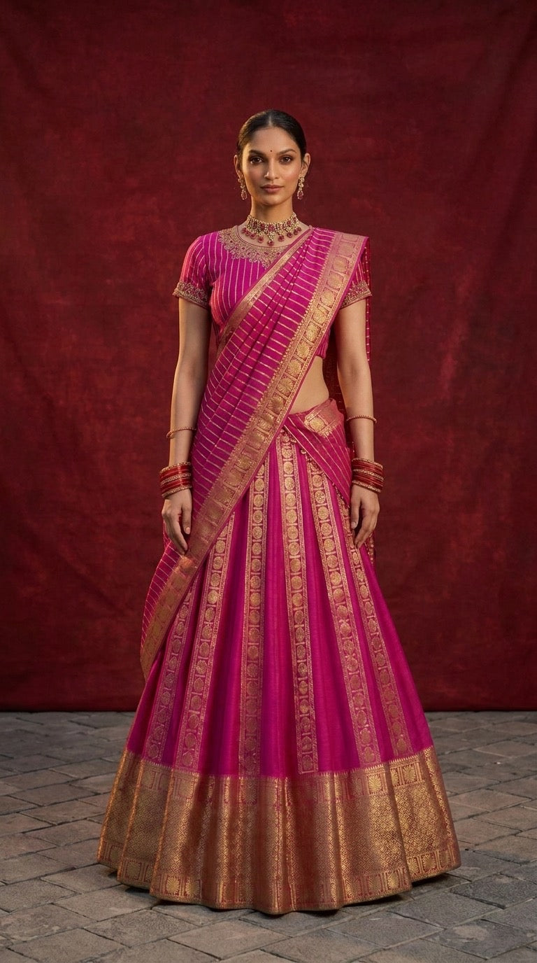 Handloom Molkalmuru Silk Lehenga in Rani Pink with Antique Gold Zari