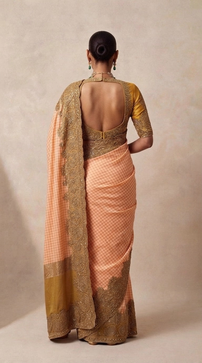 The Peach Gaja Silk Saree — back view showing deep V-back gold embroidered blouse and pallu drape