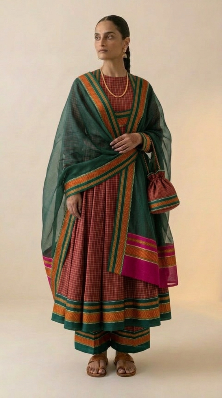 Rust & Teal Checks Handloom Anarkali Set