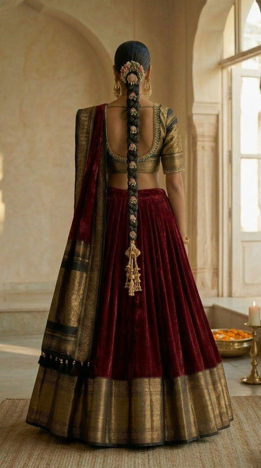 Maroon Velvet Lehenga with Gold Zari Border & Olive Blouse