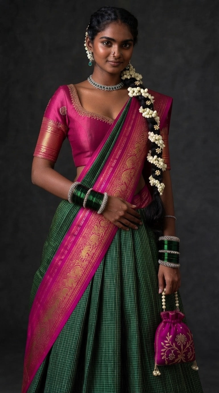 The Emerald Gaja Lehenga Set — three-quarter view showing magenta dupatta drape and zari border detail