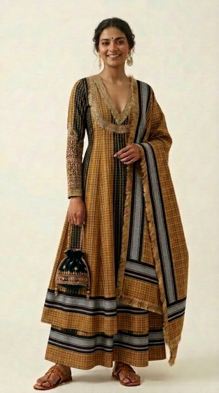 Mustard Ilkal Handloom & Zardosi Anarkali Set