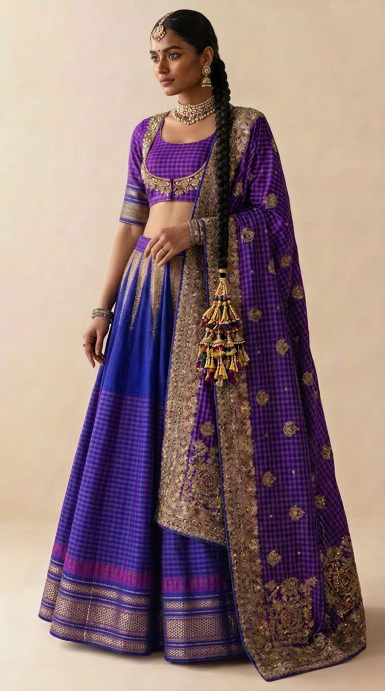 Royal Blue & Purple Gingham Lehenga Set with Embroidered Dupatta