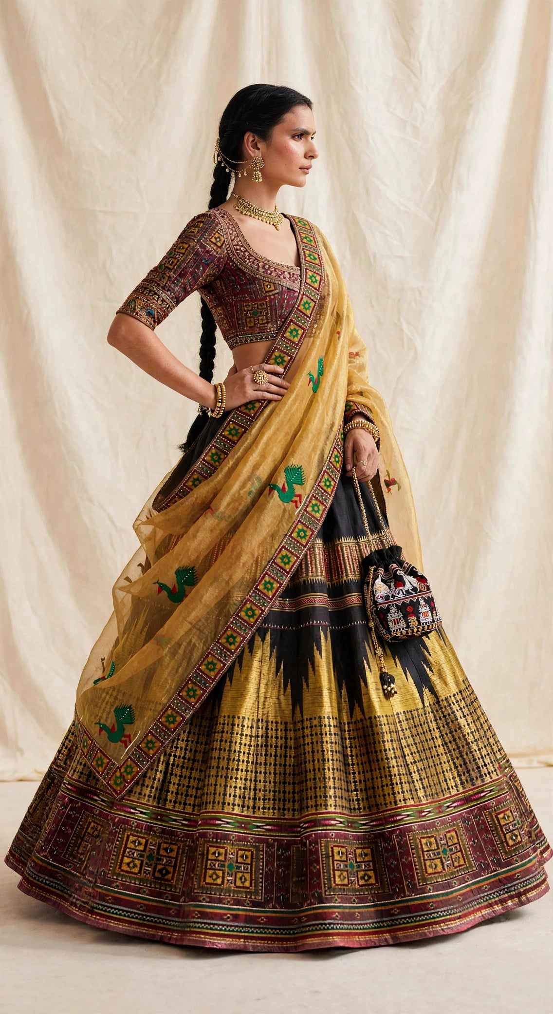 Black & Mustard Ilkal Silk Lehenga Set