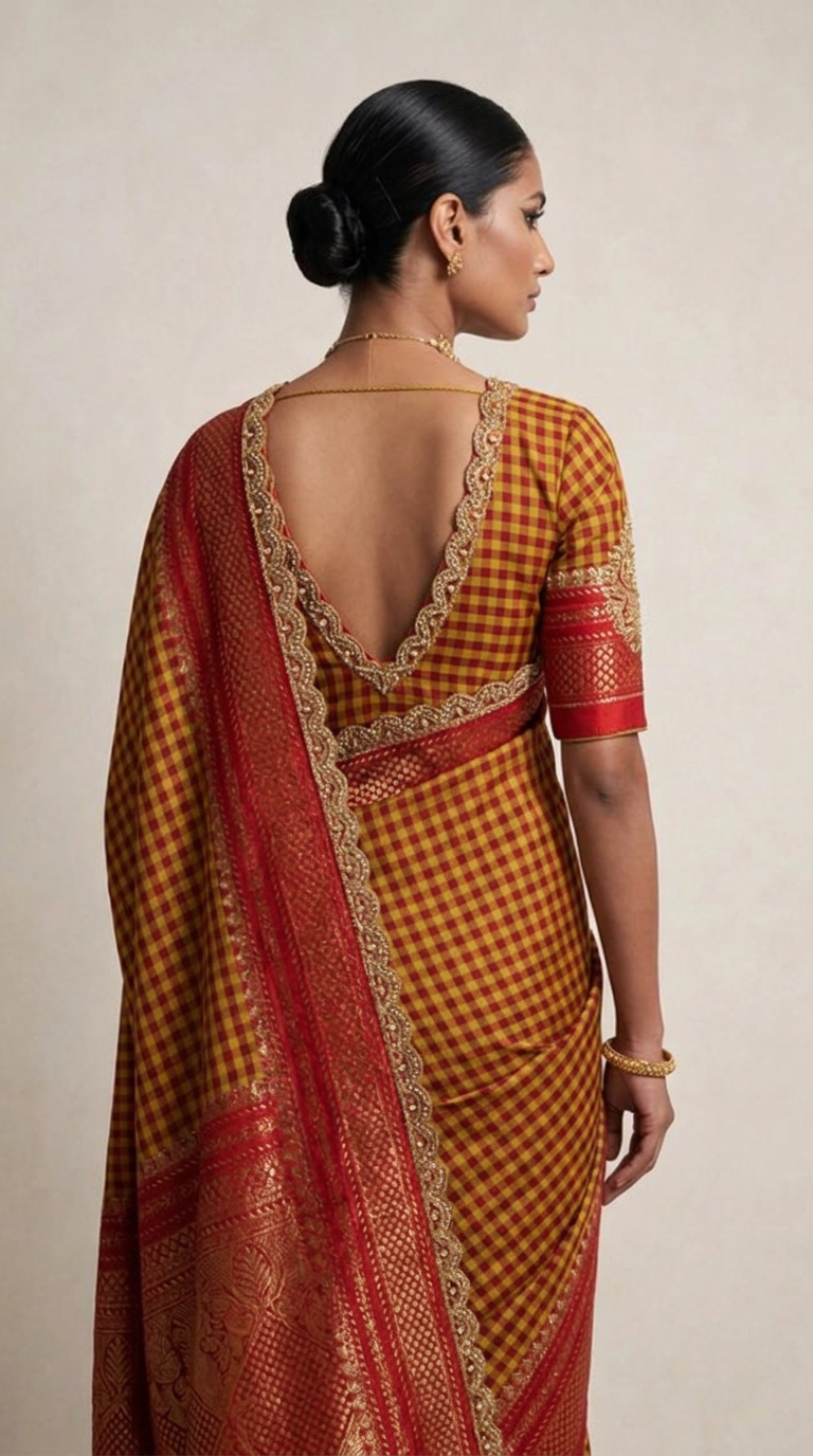 Mustard checks handloom silk saree - back view showing open-back blouse