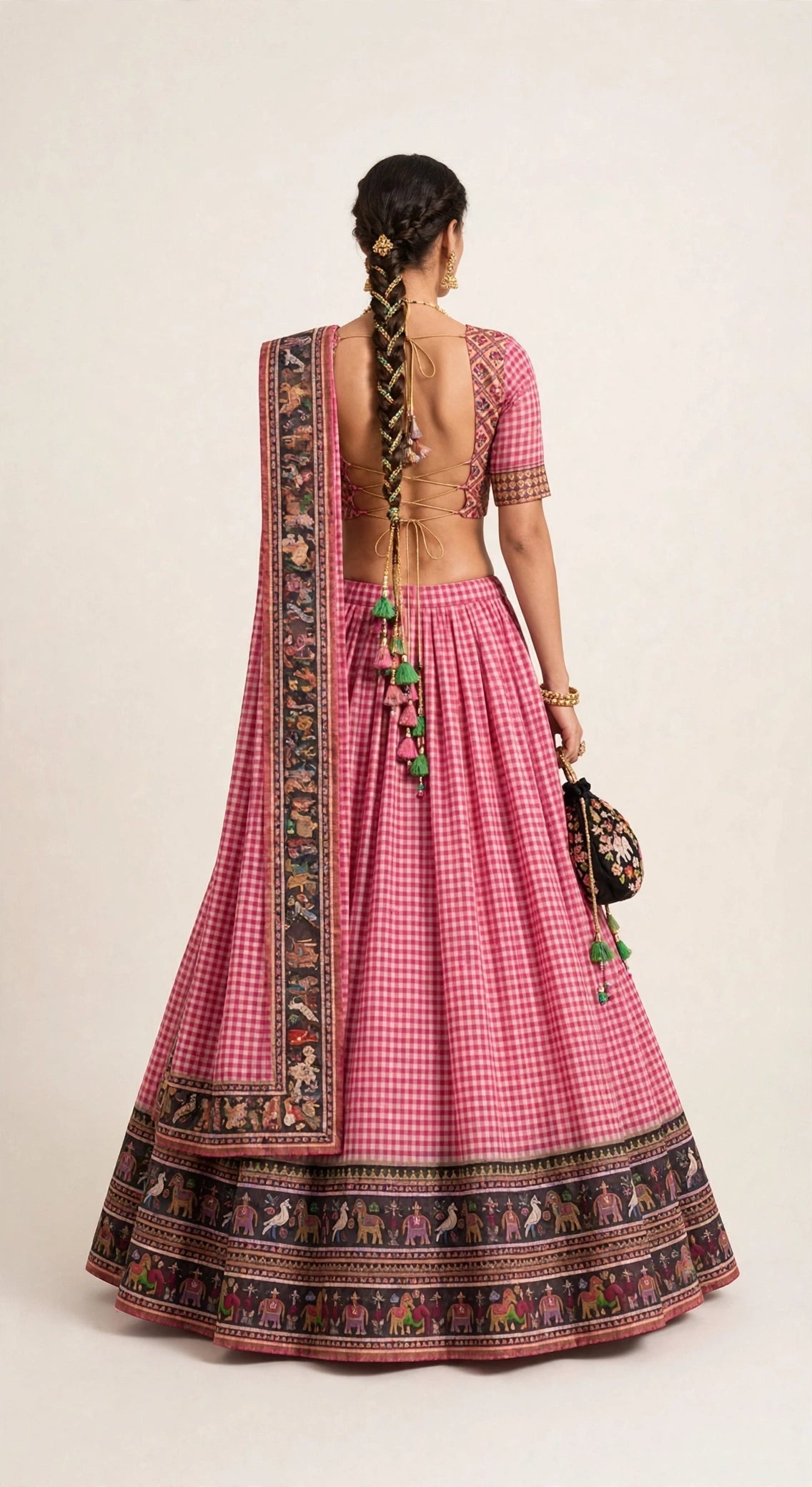Ilkal Gingham Lehenga Set - back view with tassels