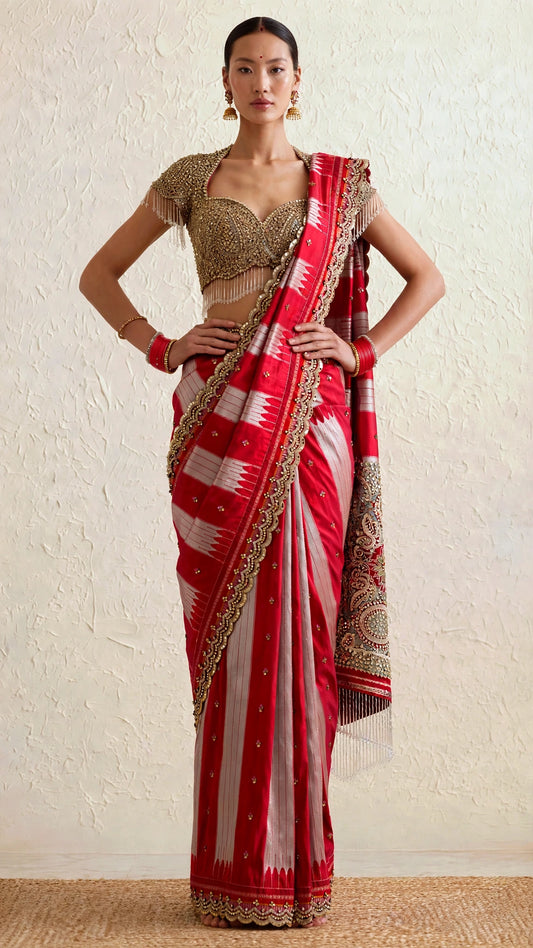 All-Silk Tope Teni Ilkal Saree with Jaali Paisleys & Crystal Fringe