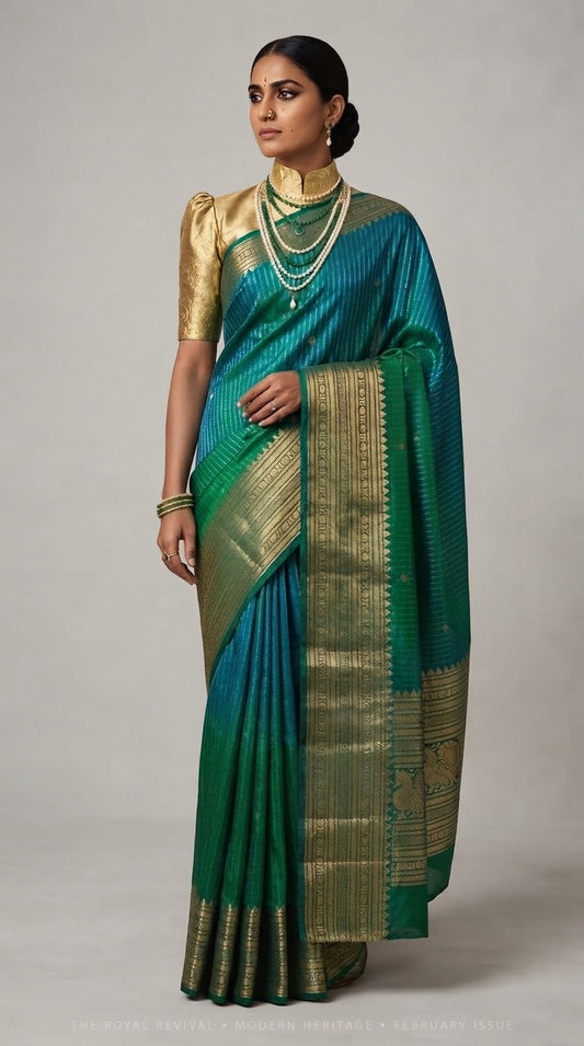 Teal & Green Molkalmuru Handloom Silk Saree