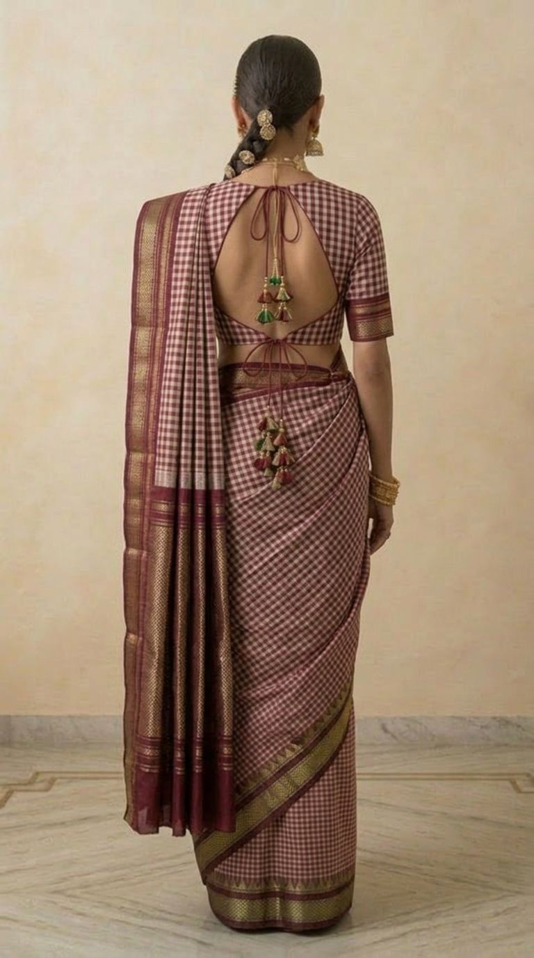 Dusty Rose & Maroon Checks Handwoven Silk Saree