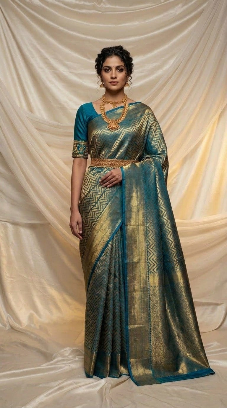 Peacock Teal Handwoven Silk Saree