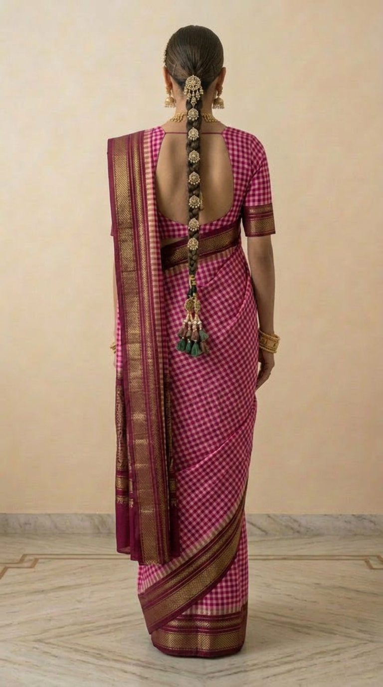 Magenta & Maroon Checks Handwoven Silk Saree
