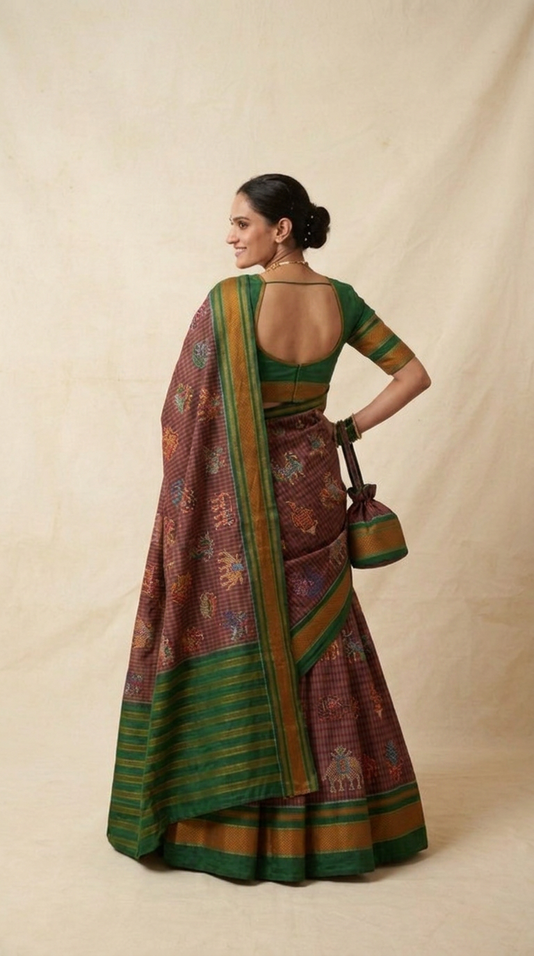 Folk Ilkal Handloom Cotton Silk Saree with Kasuti Embroidery