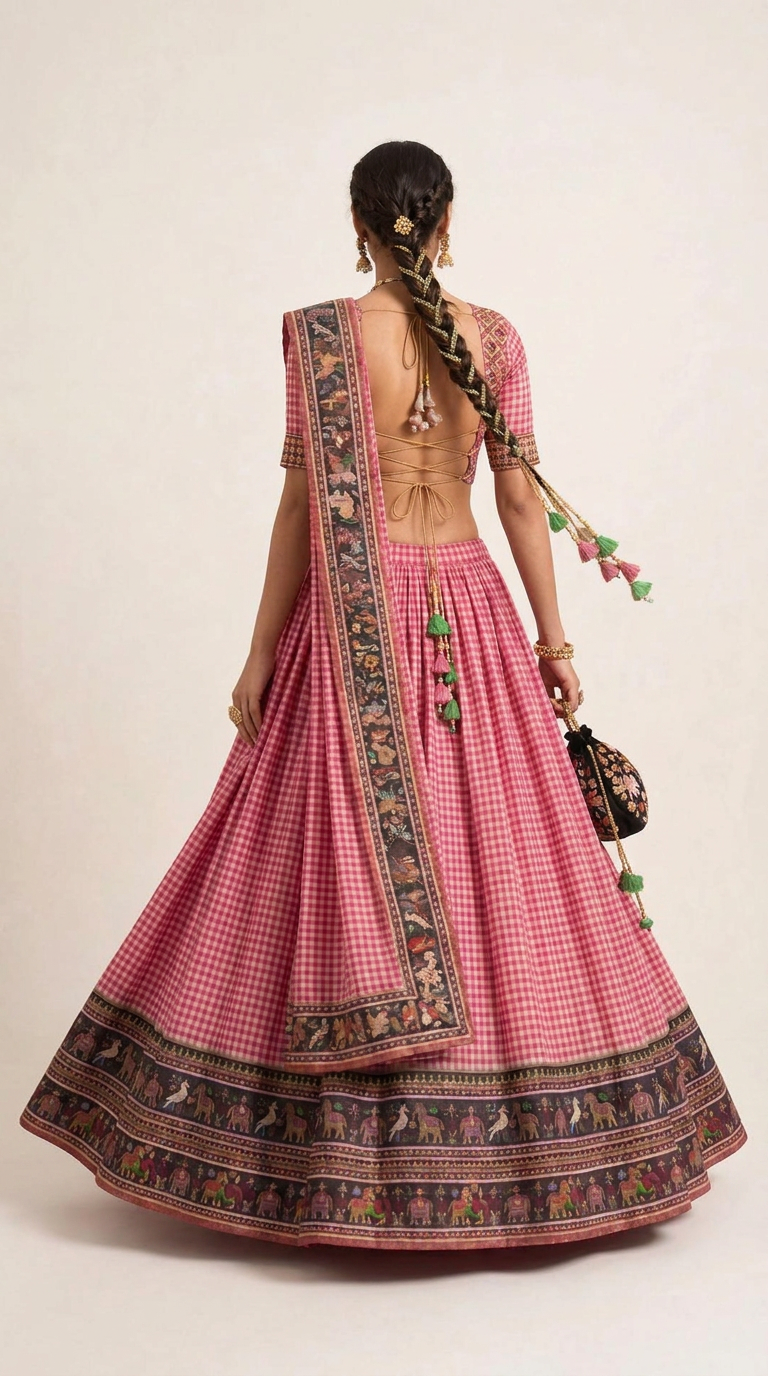 Ilkal Gingham Lehenga Set - front view