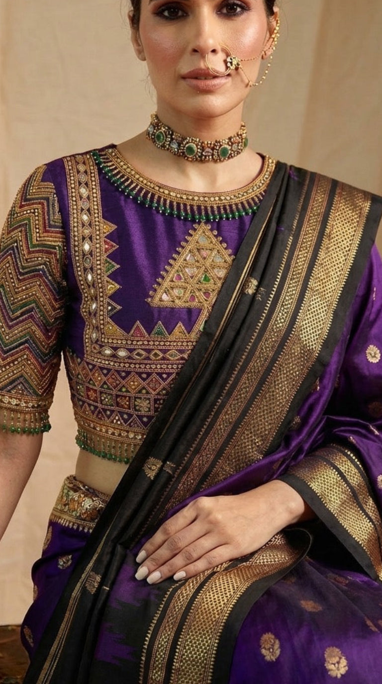 Purple Silk Bridal Blouse with Heavy Gold Zari Embroidery