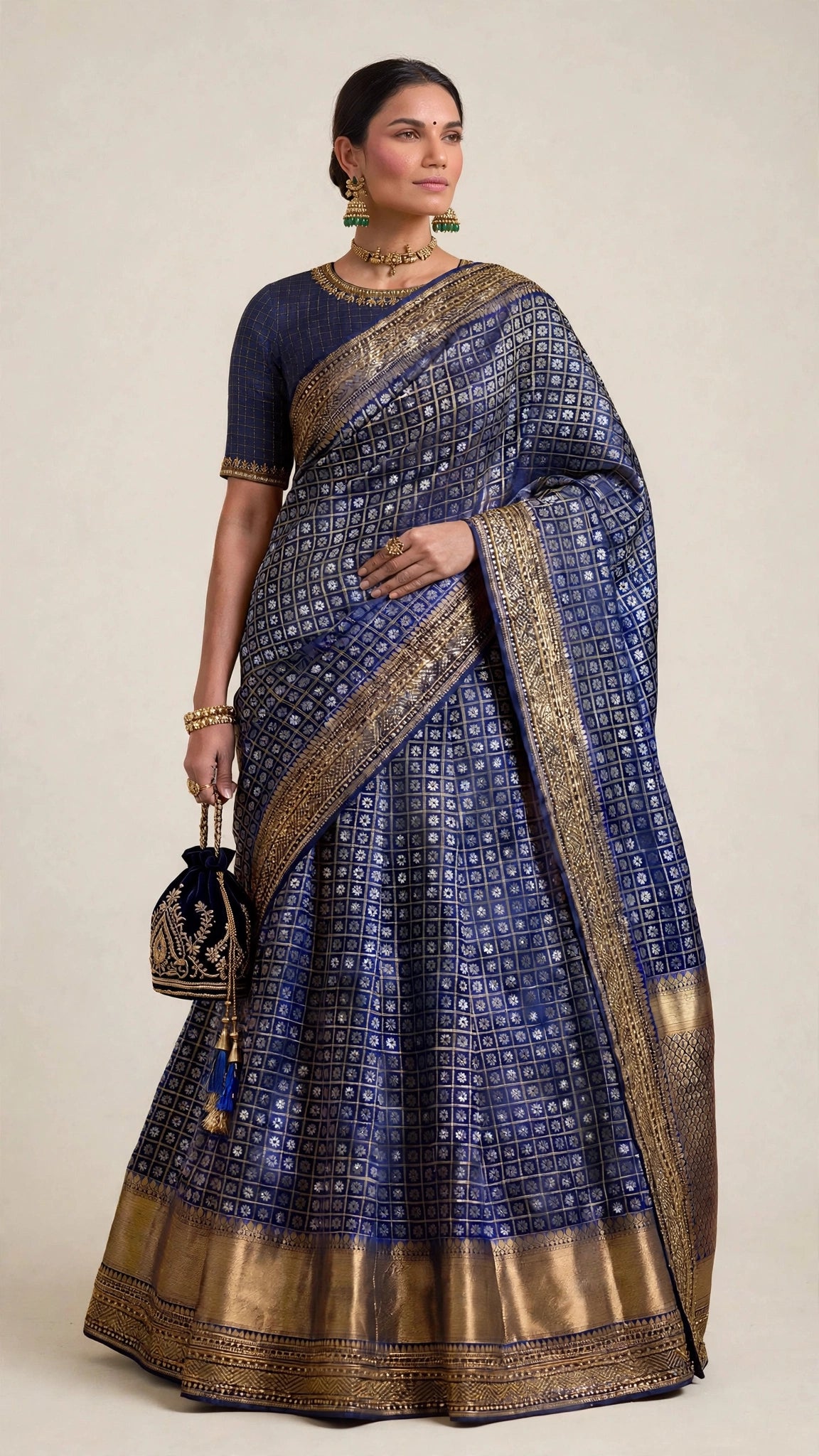 Navy Blue Karnataka Handloom Silk Saree with Thread Jaali & Zari Bead Embroidery
