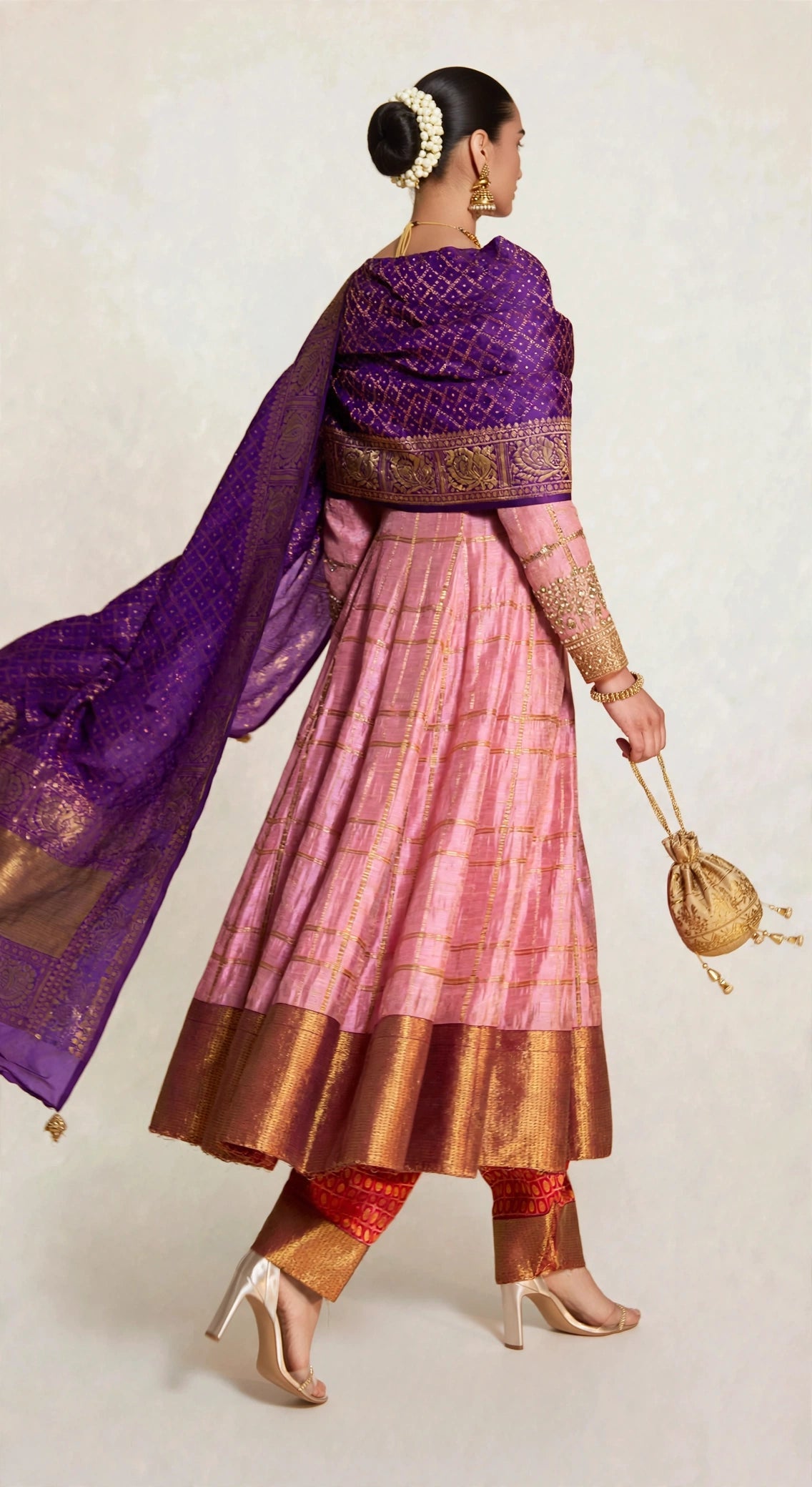 Rose pink zari check anarkali set with purple bandhani dupatta - back view