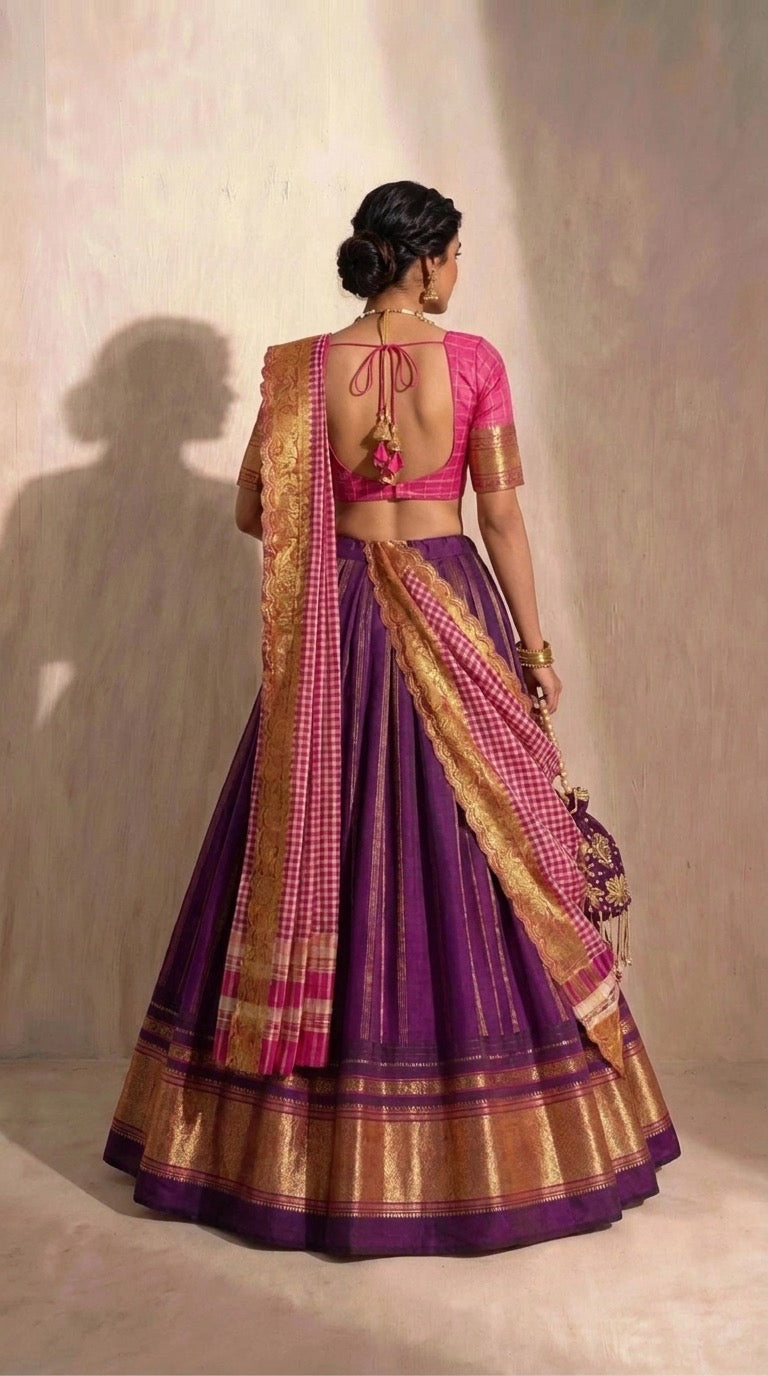 Handloom silk lehenga in royal purple with pink blouse and gold zari — back view