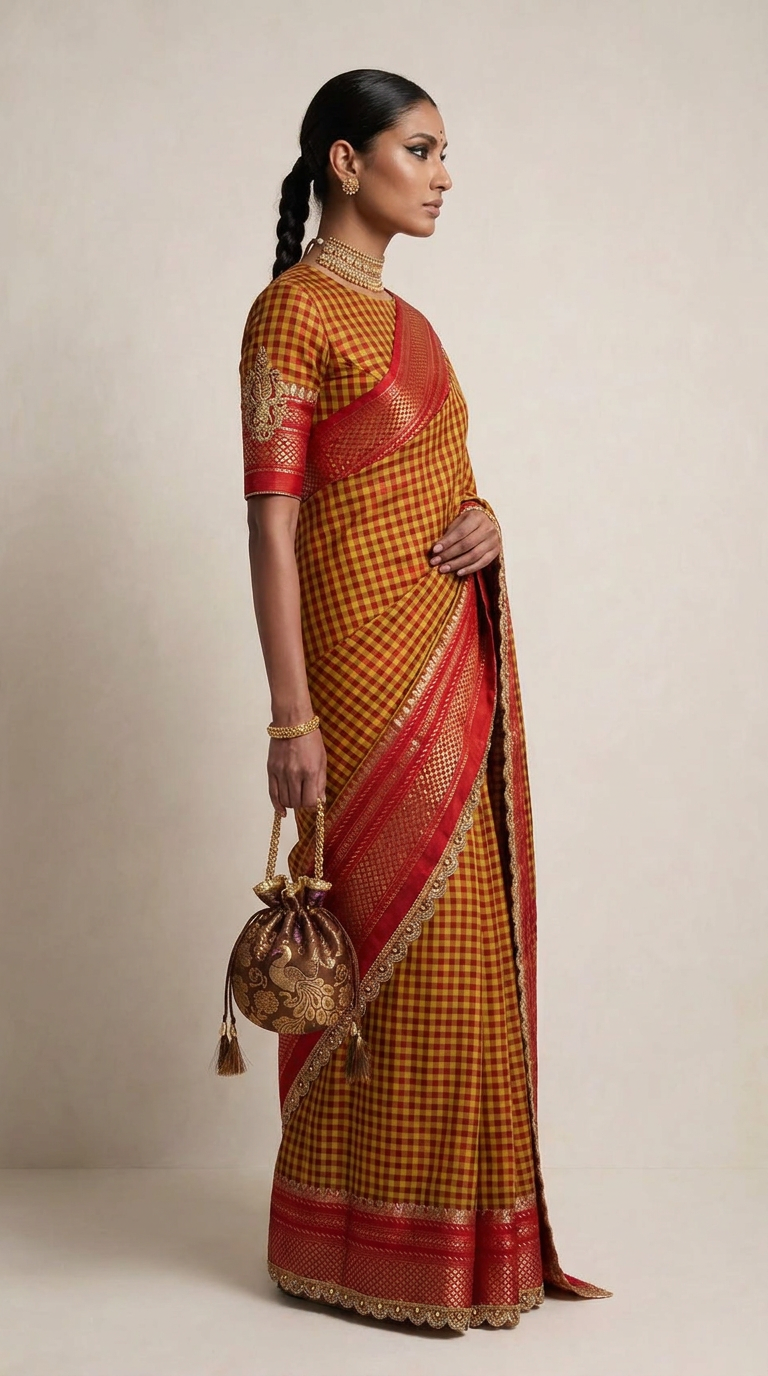 Mustard checks handloom silk saree - side profile view