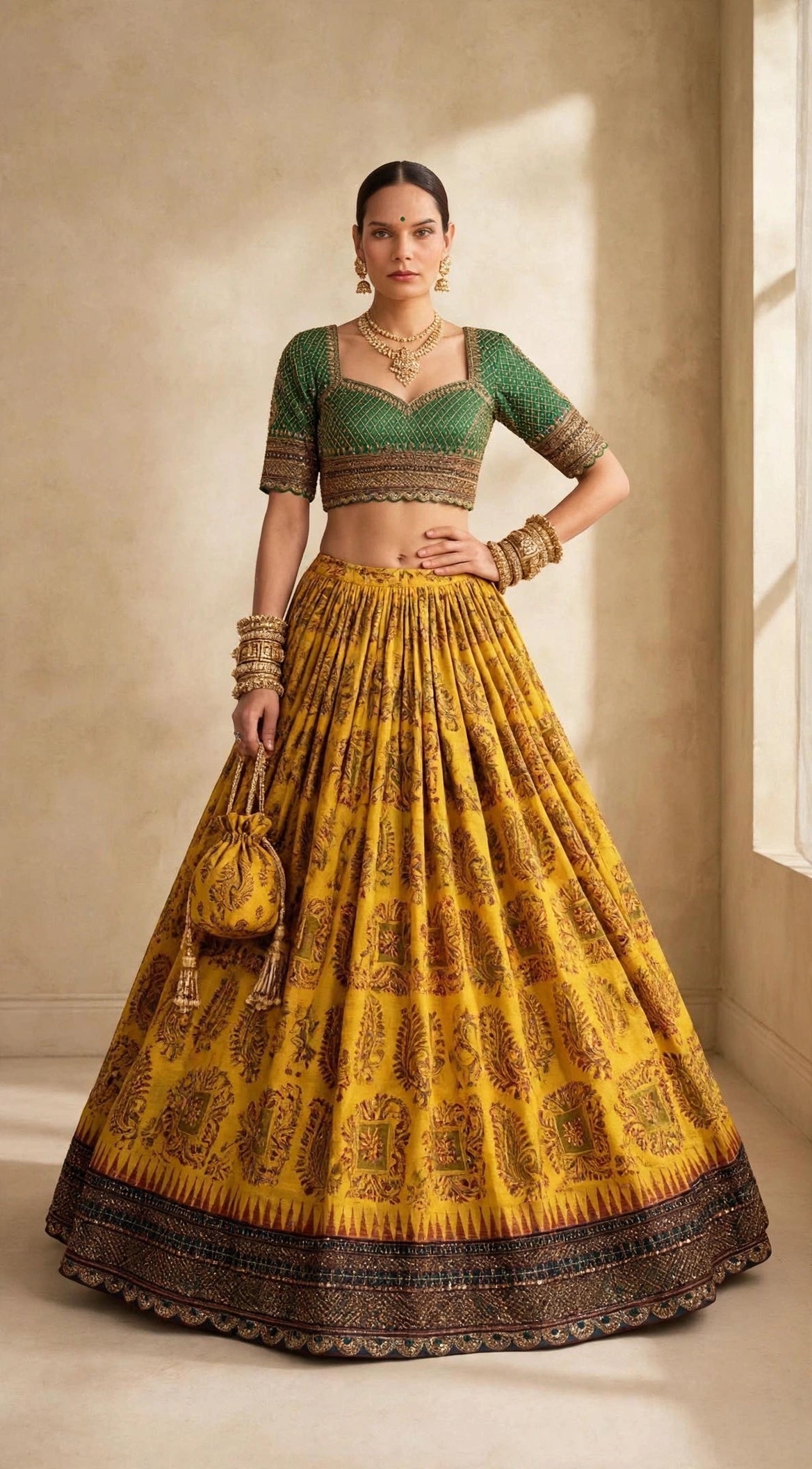 Mustard Ilkal block print lehenga set - front view with emerald silk blouse