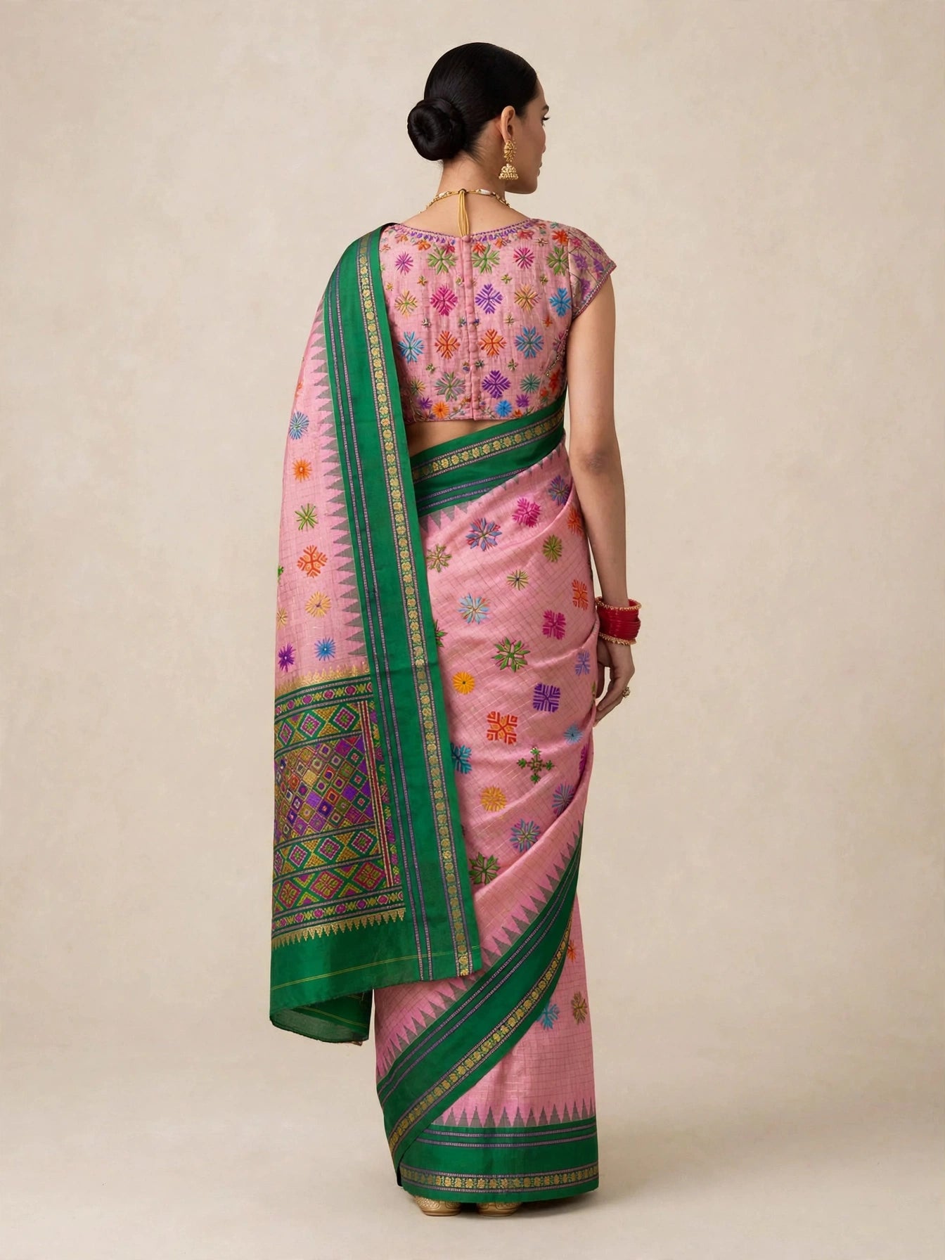 Blush pink Molkalmuru silk saree with multicolour Kasuti embroidery - back view showing embroidered blouse