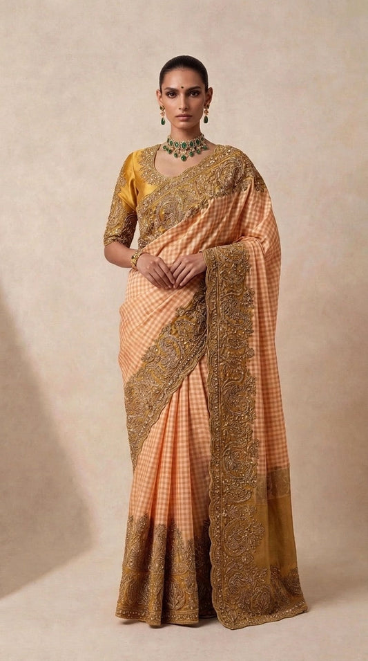The Peach Gaja Silk Saree — front view showing full drape with hand-embroidered gold zari border and pallu