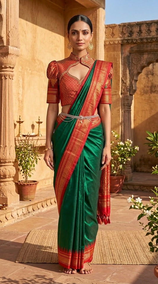 Ilkal Saree – Emerald Green & Red