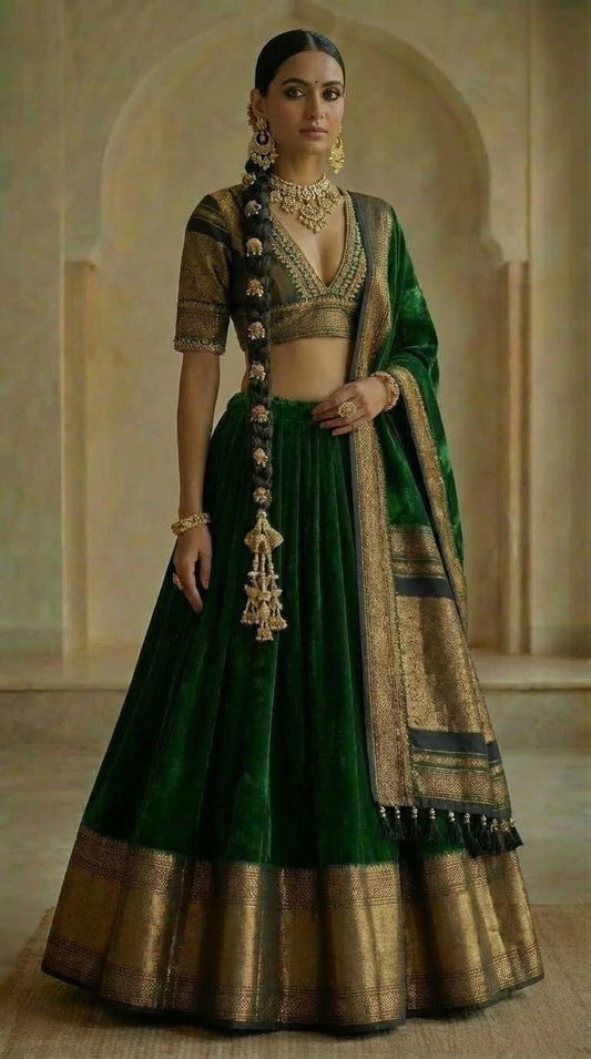 Emerald Green Velvet Lehenga with Gold Zari Border