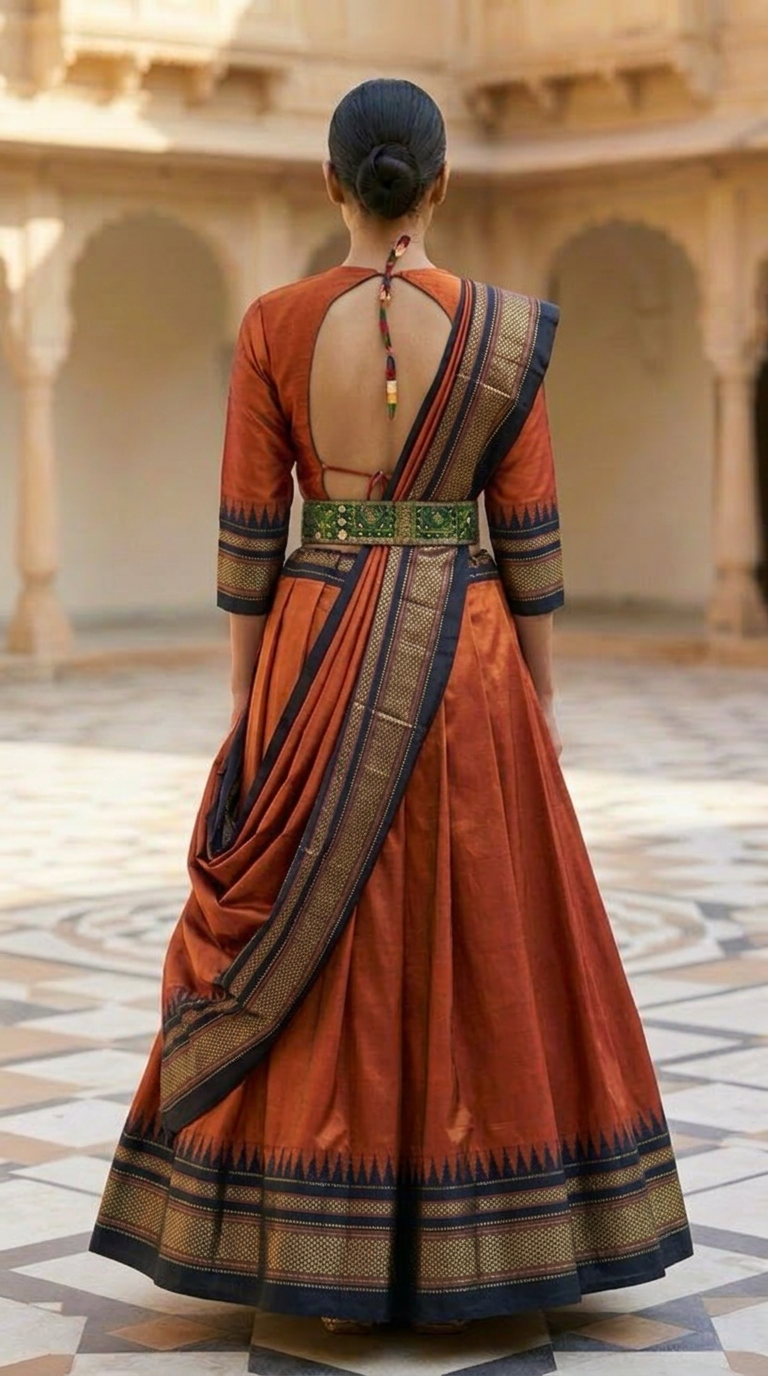 Rust Ilkal Handwoven Silk Lehenga Set