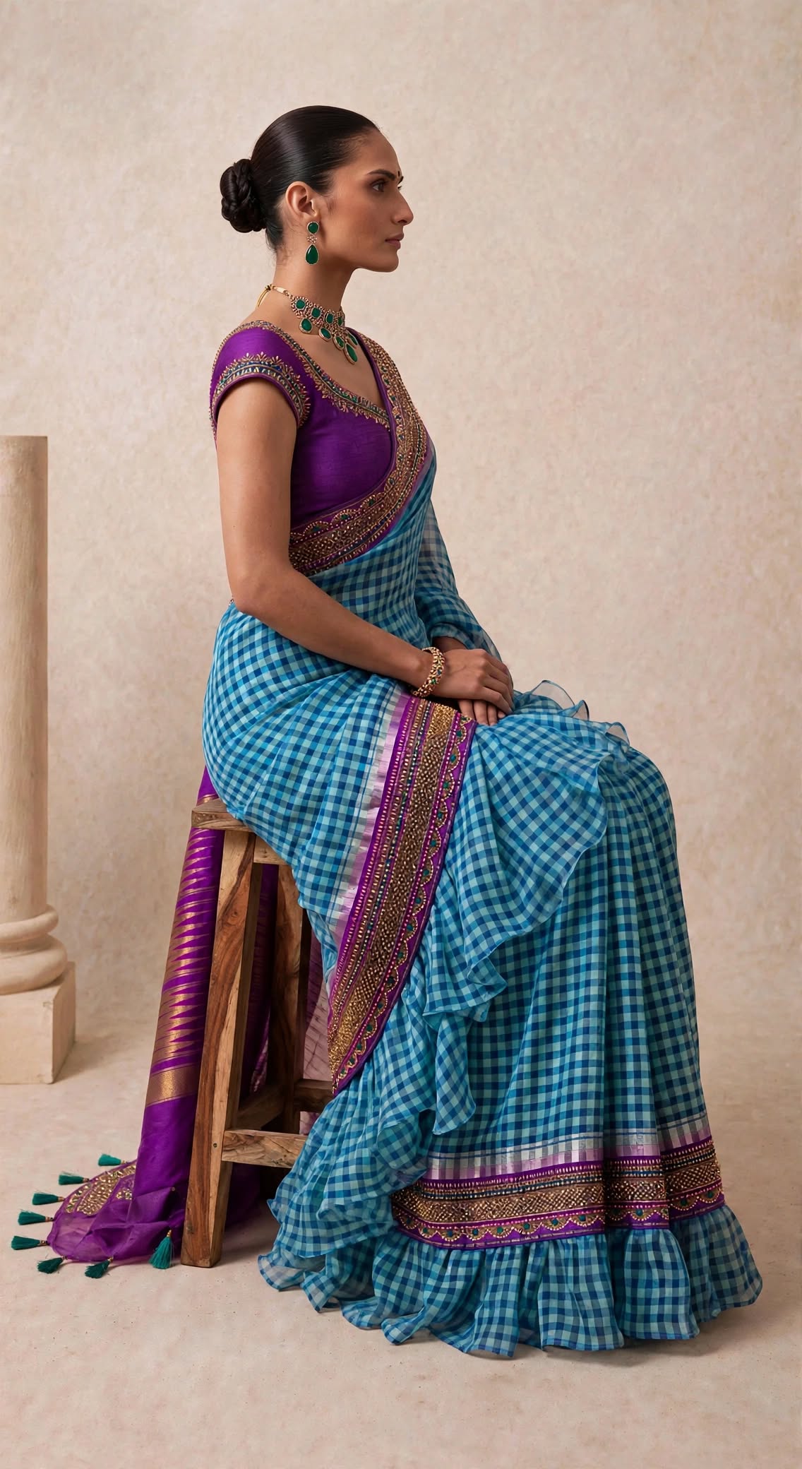 Checks But Make It Cocktail saree — side profile view showing ruffle detail and jamun pallu with temple zari border