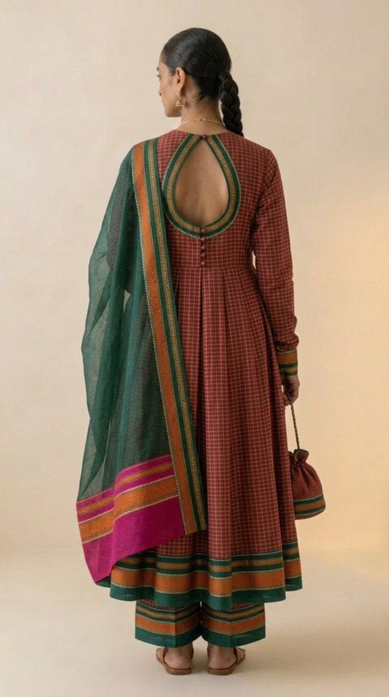 Rust & Teal Checks Handloom Anarkali Set