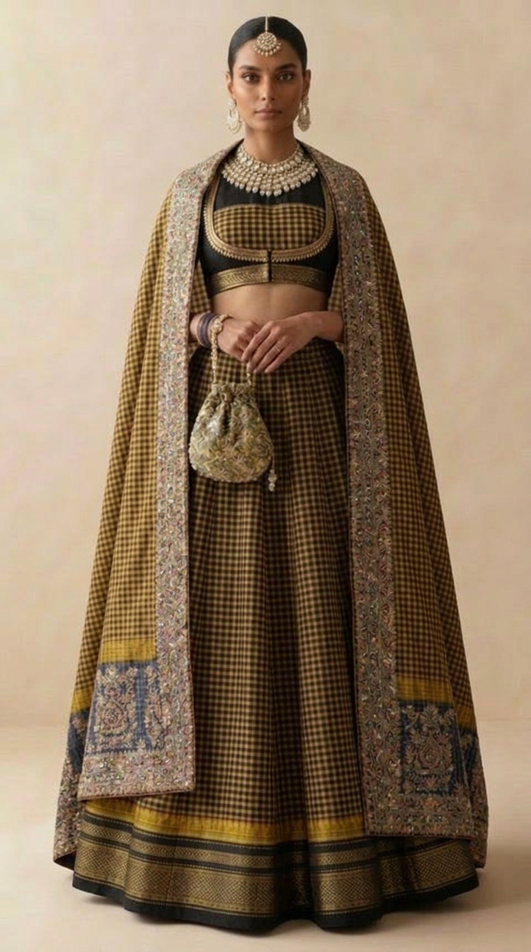 Mustard Checks Lehenga Set