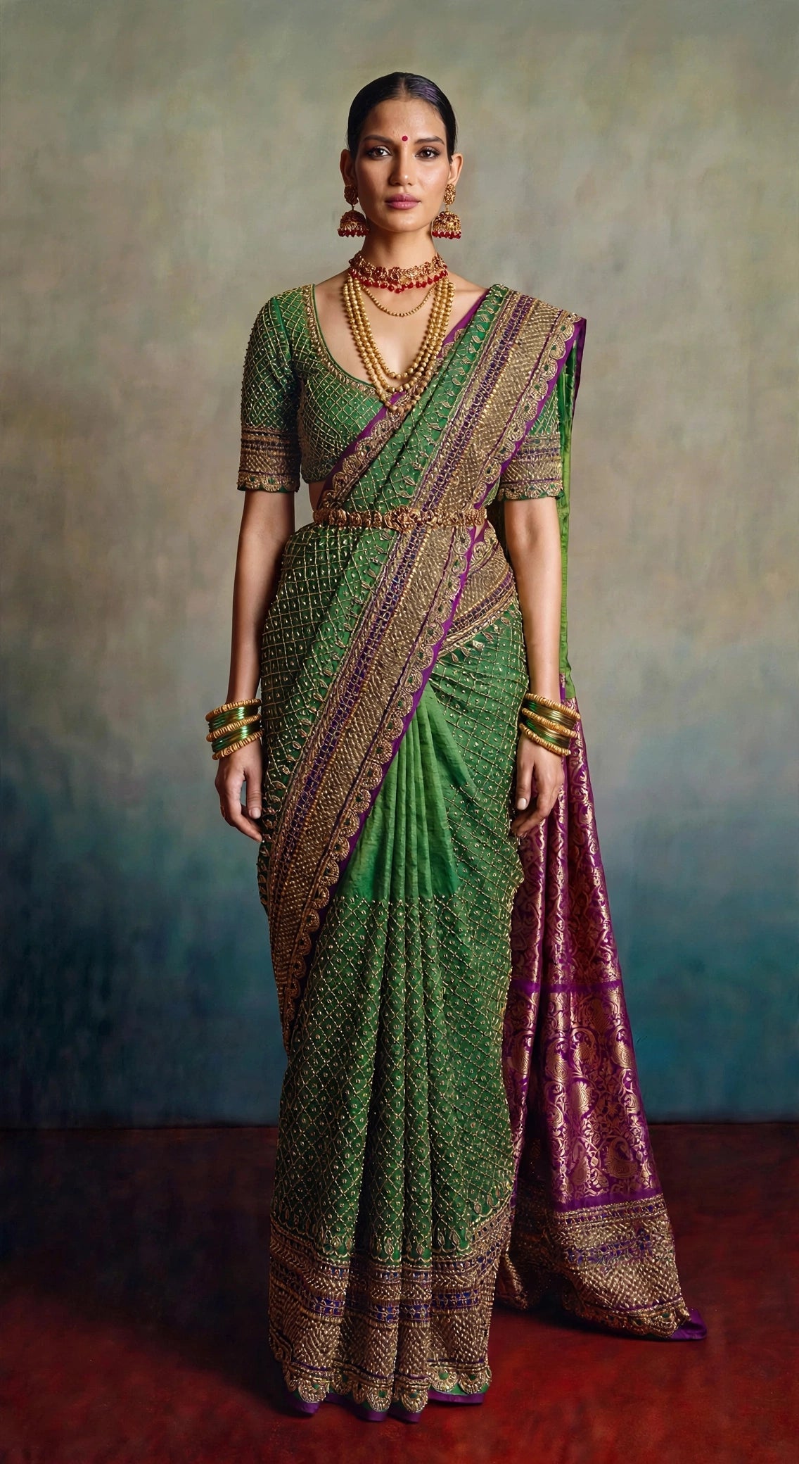 Karnataka Rewoven dual handloom embroidered saree — front view with pallu flowing