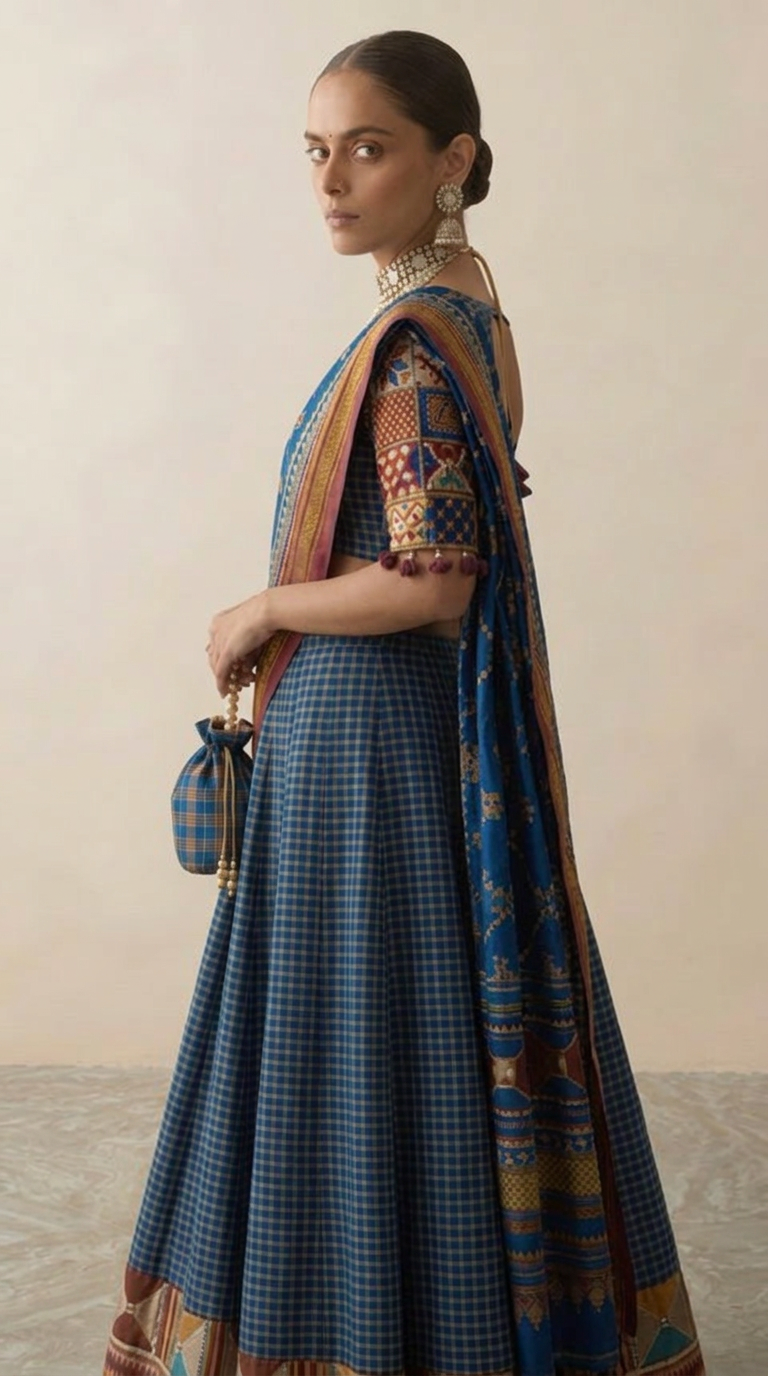 Ilkal Checks Lehenga  Kasuti Hand-Embroidered