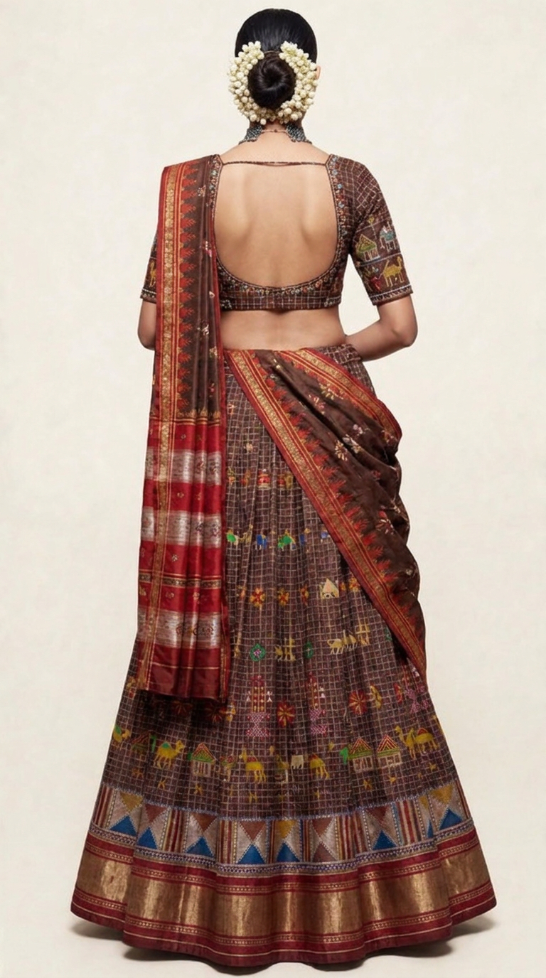 The Gudda Folk Ilkal lehenga — back view detail showing full skirt spread and Tope Teni pallu join