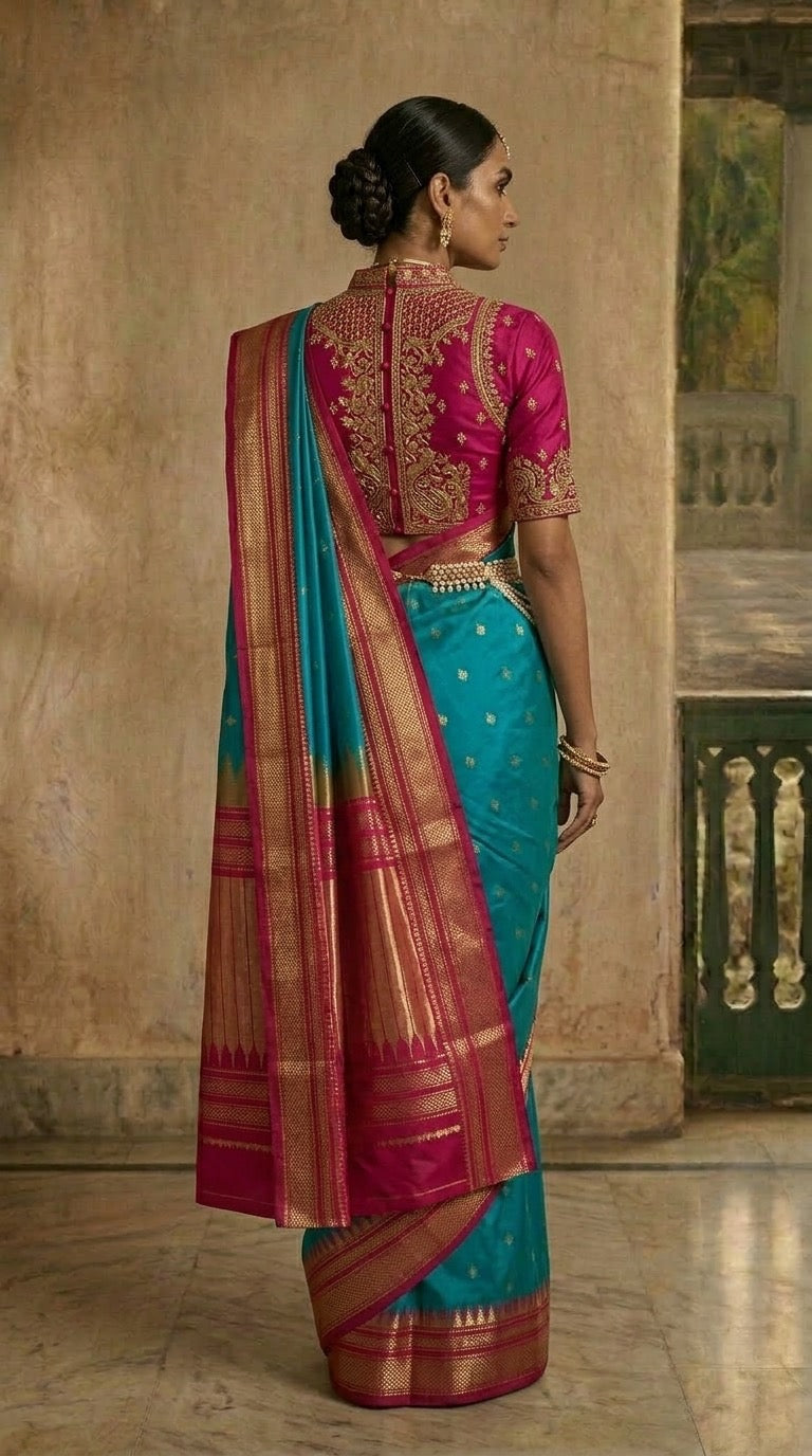Ilkal Saree – Turquoise & Pink