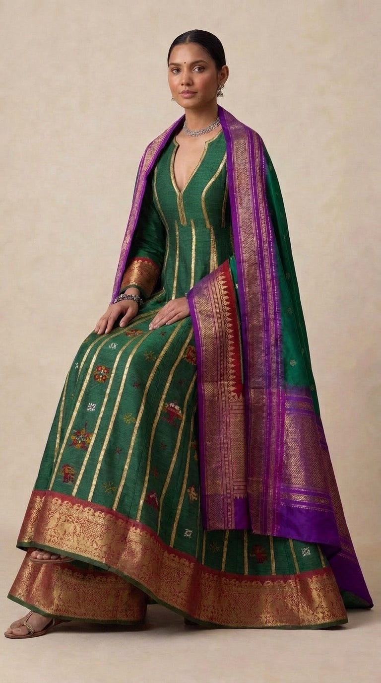 Molkalmuru silk anarkali with jamuni Ilkal odhni - seated side view