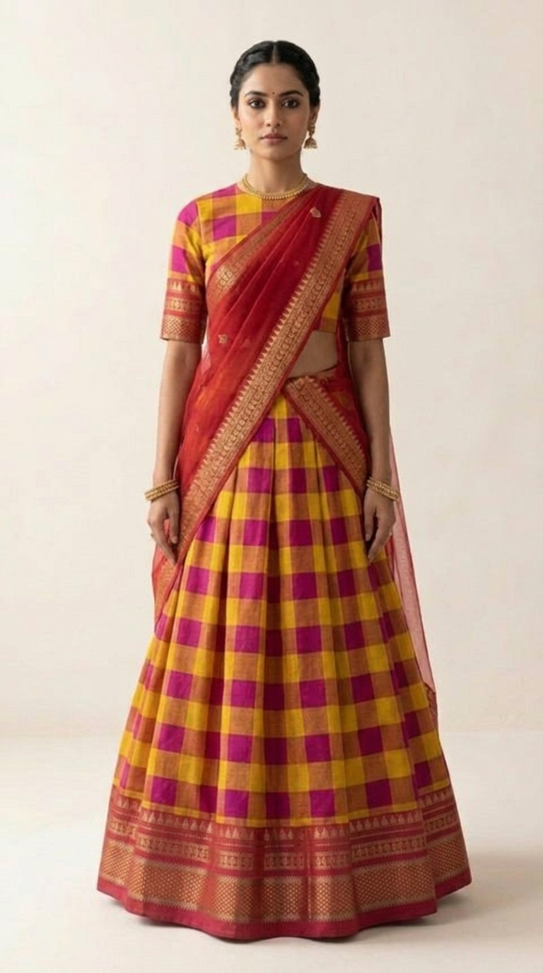 Handwoven Ilkal Saree Lehenga  Mustard, Magenta & Red Zari