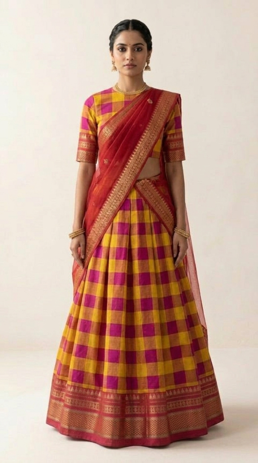 Handwoven Ilkal Saree Lehenga  Mustard, Magenta & Red Zari