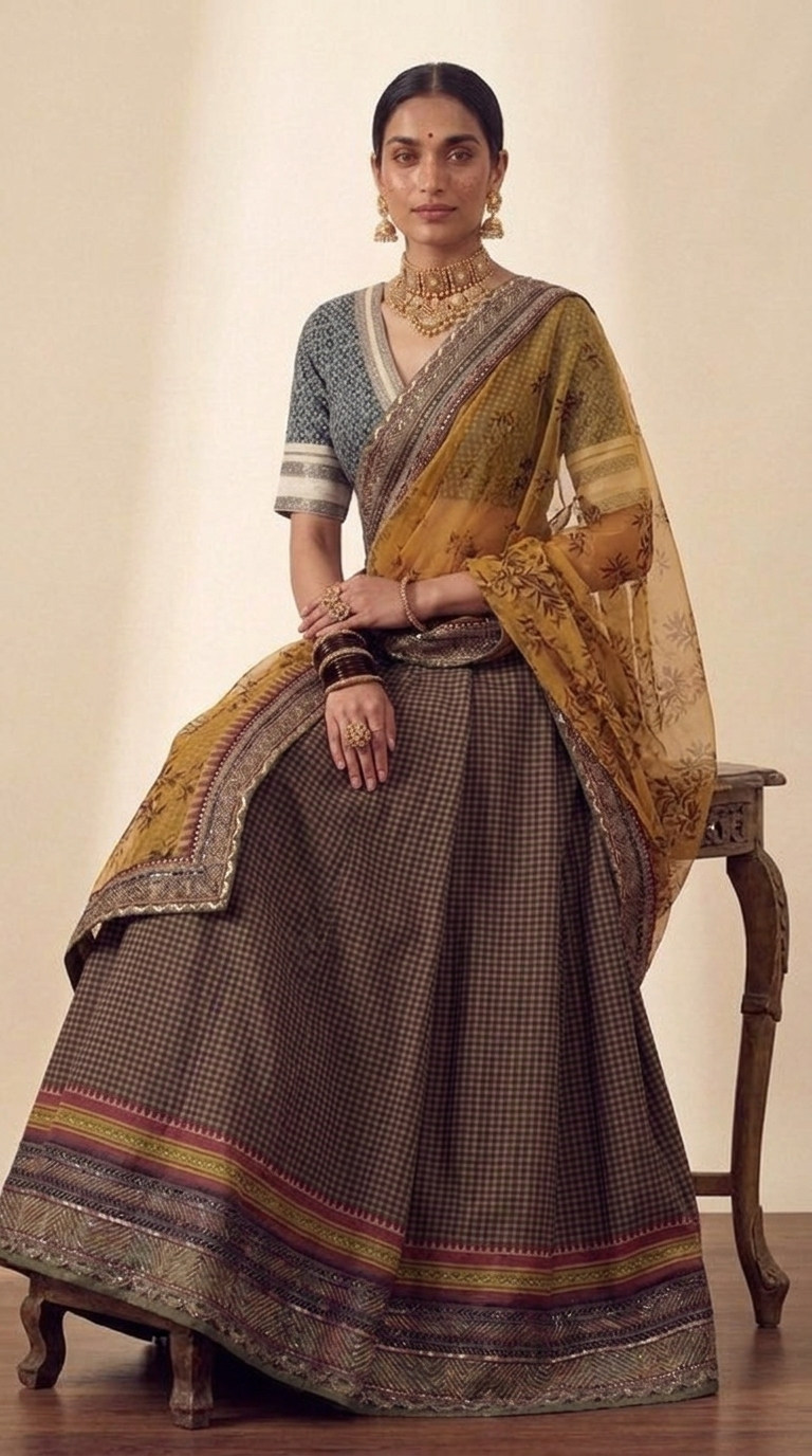 Handloom Ilkal Khanna lehenga set - seated front view
