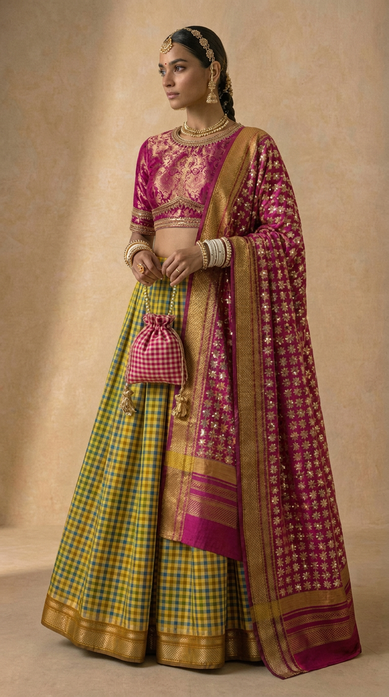 Chartreuse Vintage Checks Silk Lehenga Set with Hand-Embroidered Magenta Blouse & Dupatta