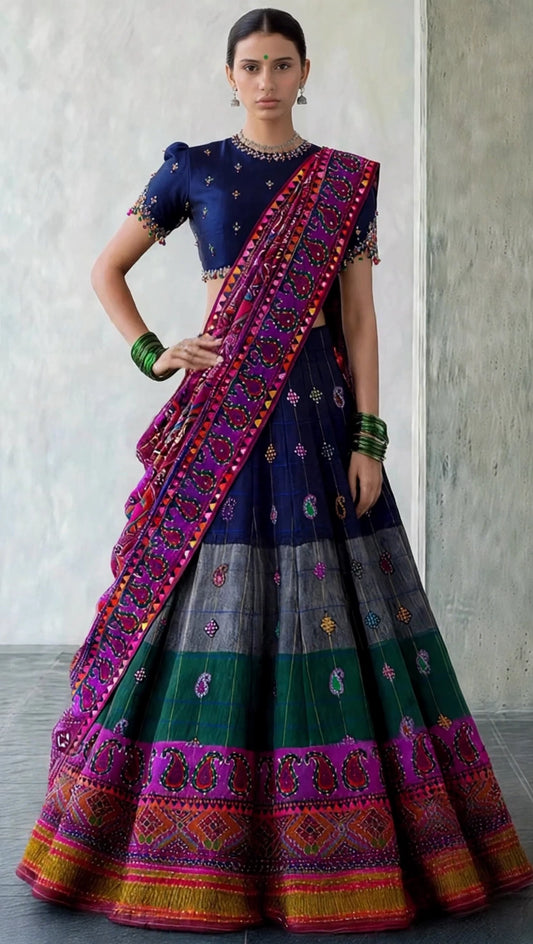 Tri-Color Handloom Lehenga with Hand-Embroidery