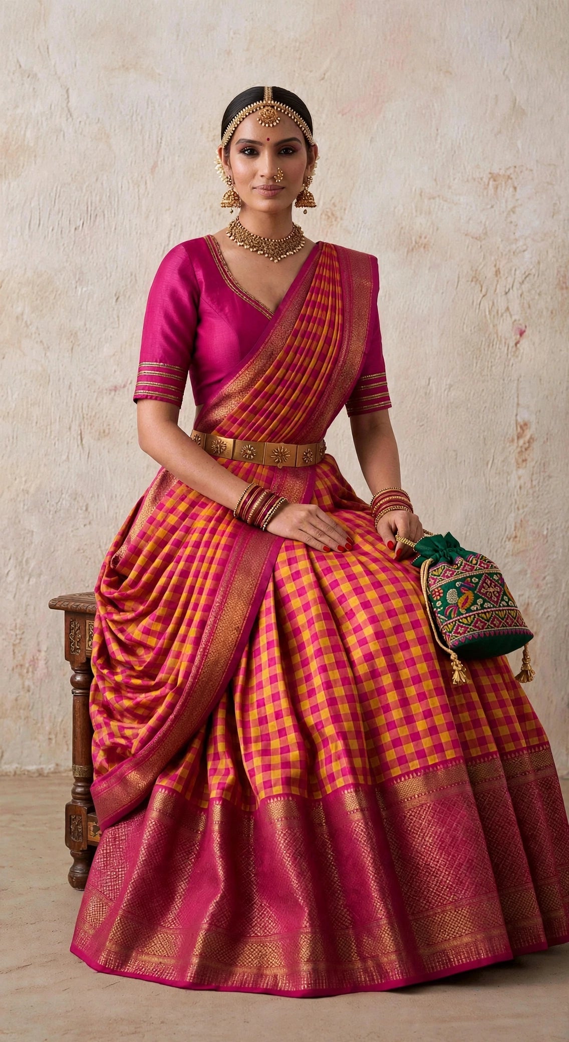 Front view — Ilkal Checks Reimagined pure silk kattam lehenga in yellow and magenta