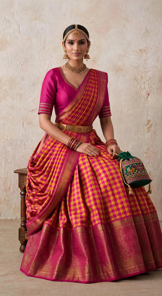 Front view — Ilkal Checks Reimagined pure silk kattam lehenga in yellow and magenta